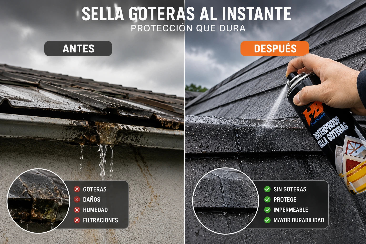Antes y después de aplicar el spray sella goteras